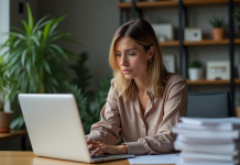 Inconvénients d’utiliser Google Drive : stockage cloud sécurisé? Femme pensive au bureau à domicile avec notification