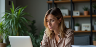 Inconvénients d’utiliser Google Drive : stockage cloud sécurisé? Femme pensive au bureau à domicile avec notification