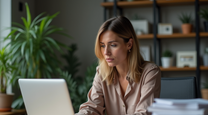 Femme pensive au bureau à domicile avec notification