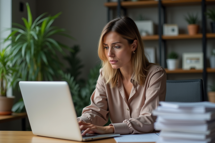femme-pensive-bureau Femme pensive au bureau à domicile avec notification