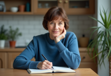 Femme moyenne âge note dans un carnet à la maison