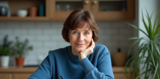 Femme moyenne âge note dans un carnet à la maison