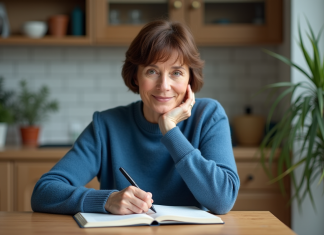 Femme moyenne âge note dans un carnet à la maison