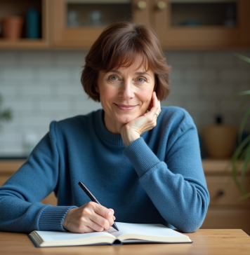 Femme moyenne âge note dans un carnet à la maison