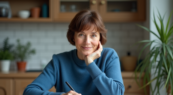 Femme moyenne âge note dans un carnet à la maison