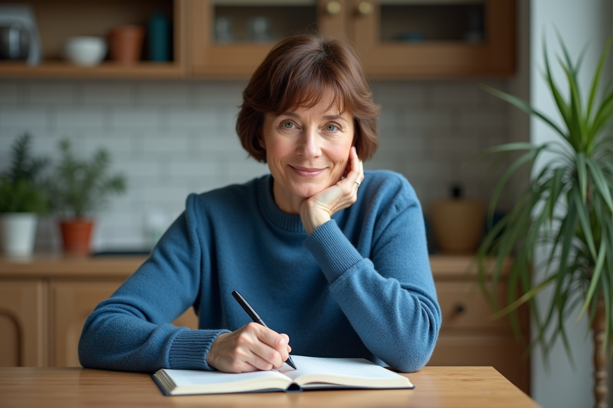 Femme moyenne âge note dans un carnet à la maison