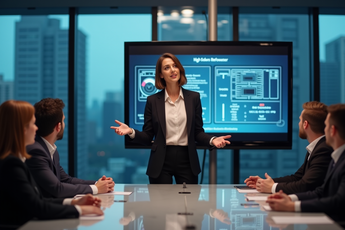 Femme professionnelle présente des processeurs en réunion