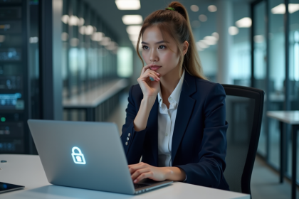 Jeune femme professionnelle au bureau avec ordinateur et verrou digital