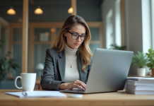 Femme professionnelle comparant deux ordinateurs portables dans un bureau moderne