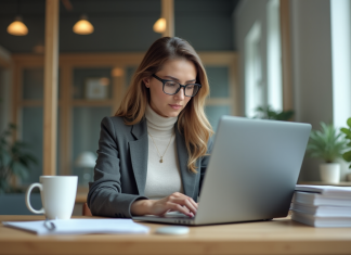Logiciels de traitement de texte : comparison, fonctionnalités, 2025 Femme professionnelle comparant deux ordinateurs portables dans un bureau moderne