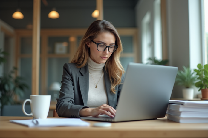 femme-professionnelle-bureau Femme professionnelle comparant deux ordinateurs portables dans un bureau moderne