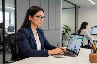 Femme professionnelle utilisant une application de messagerie sécurisée Tchap sur ordinateur portable dans un bureau moderne