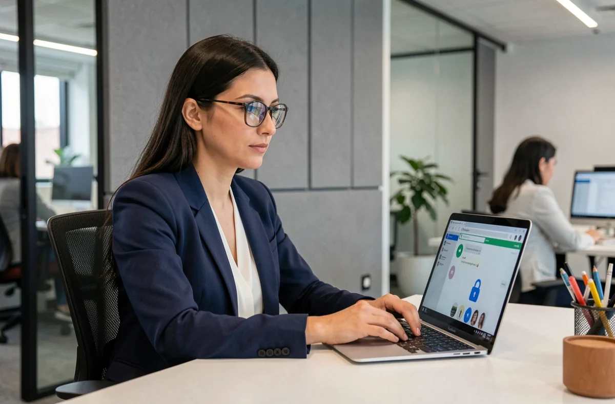 Femme professionnelle utilisant une application de messagerie sécurisée Tchap sur ordinateur portable dans un bureau moderne