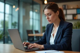 Femme professionnelle consultant une alerte de sécurité sur son webmail dans un bureau moderne