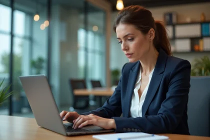 Femme professionnelle consultant une alerte de sécurité sur son webmail dans un bureau moderne