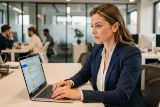 Femme professionnelle consultant son webmail HCL sur un ordinateur portable dans un bureau moderne
