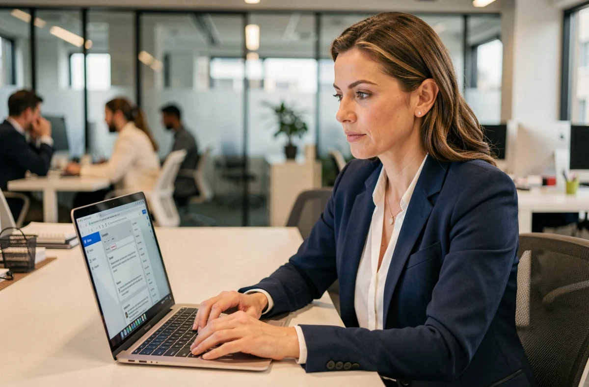 Femme professionnelle consultant son webmail HCL sur un ordinateur portable dans un bureau moderne