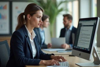 Femme professionnelle consultant sa messagerie IONOS sur un ordinateur de bureau en open space
