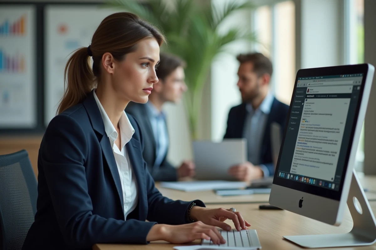 Femme professionnelle consultant sa messagerie IONOS sur un ordinateur de bureau en open space