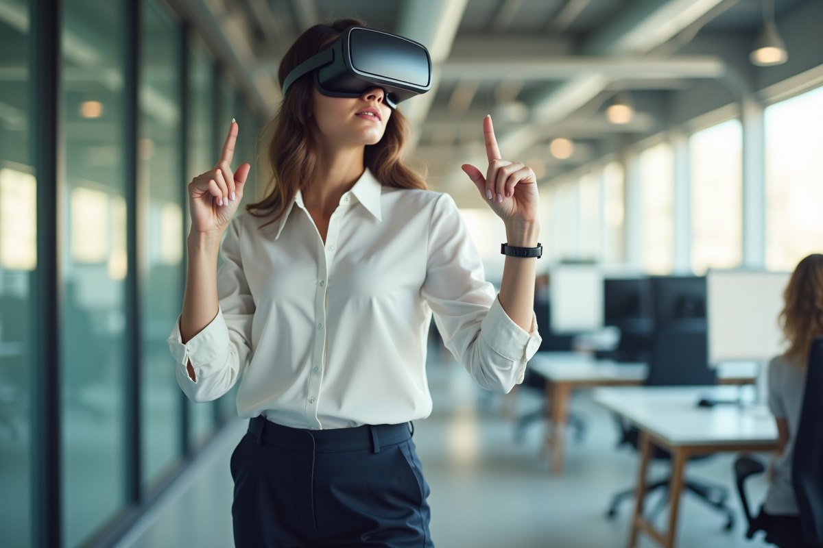 Femme en réalité mixte dans un bureau lumineux et professionnel