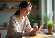 Jeune femme examinant une carte SIM 5G à la maison