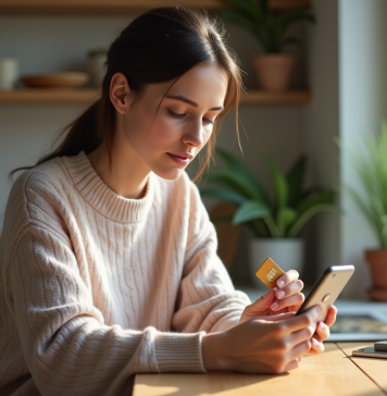 Jeune femme examinant une carte SIM 5G à la maison