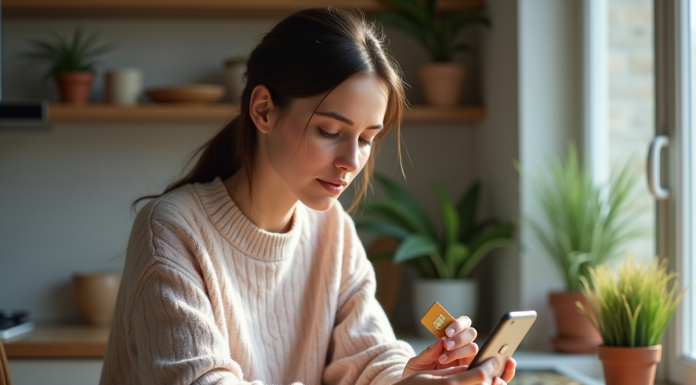 Jeune femme examinant une carte SIM 5G à la maison