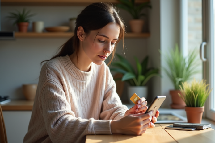 Jeune femme examinant une carte SIM 5G à la maison