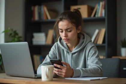 Jeune femme inquiète consultant son smartphone depuis un bureau à domicile, illustrant les risques légaux liés à l'utilisation d'un viewer anonyme Instagram comme StoriesIG