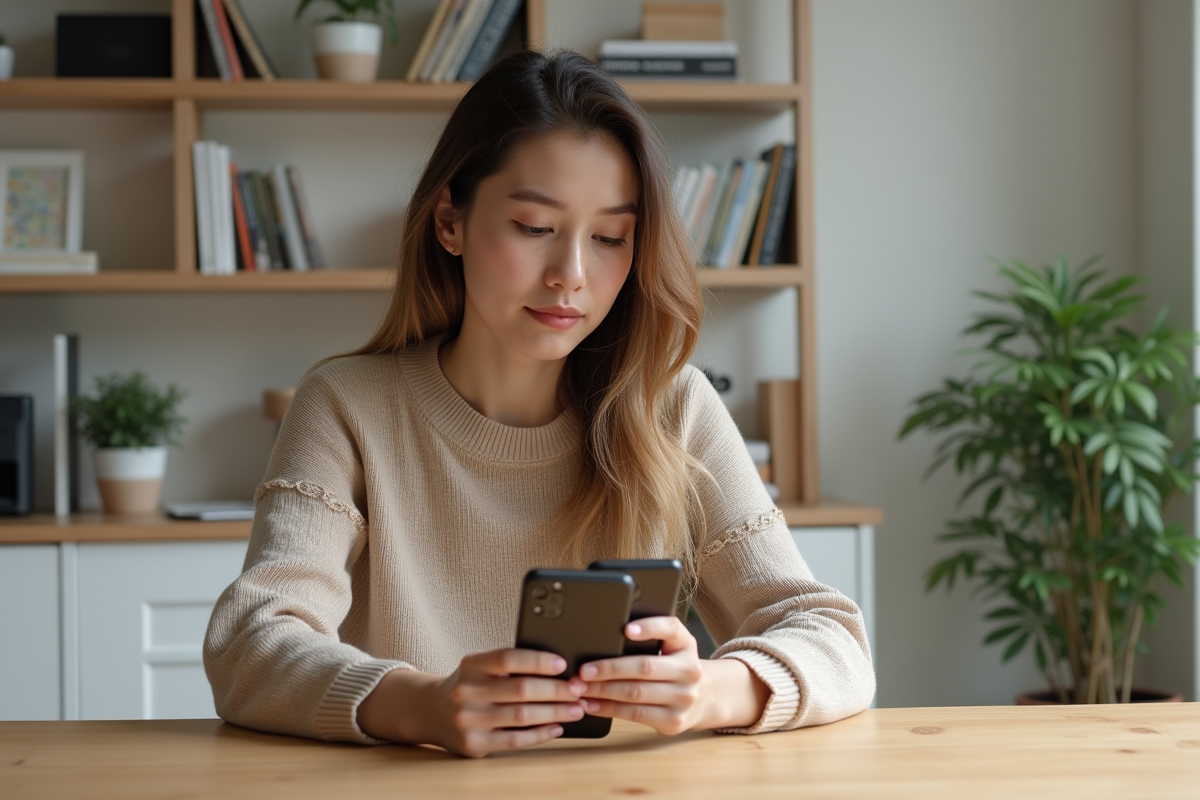Jeune femme compare deux smartphones dans un bureau lumineux