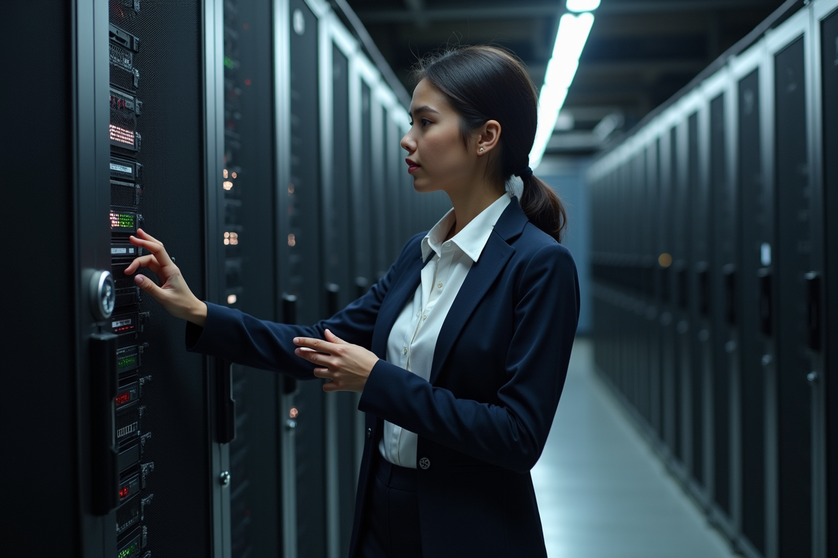 Jeune femme spécialiste en serveurs dans un data center