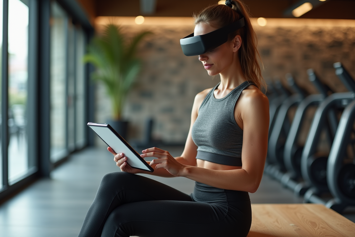 Femme utilisant une tablette pour analyser ses performances sportives en salle