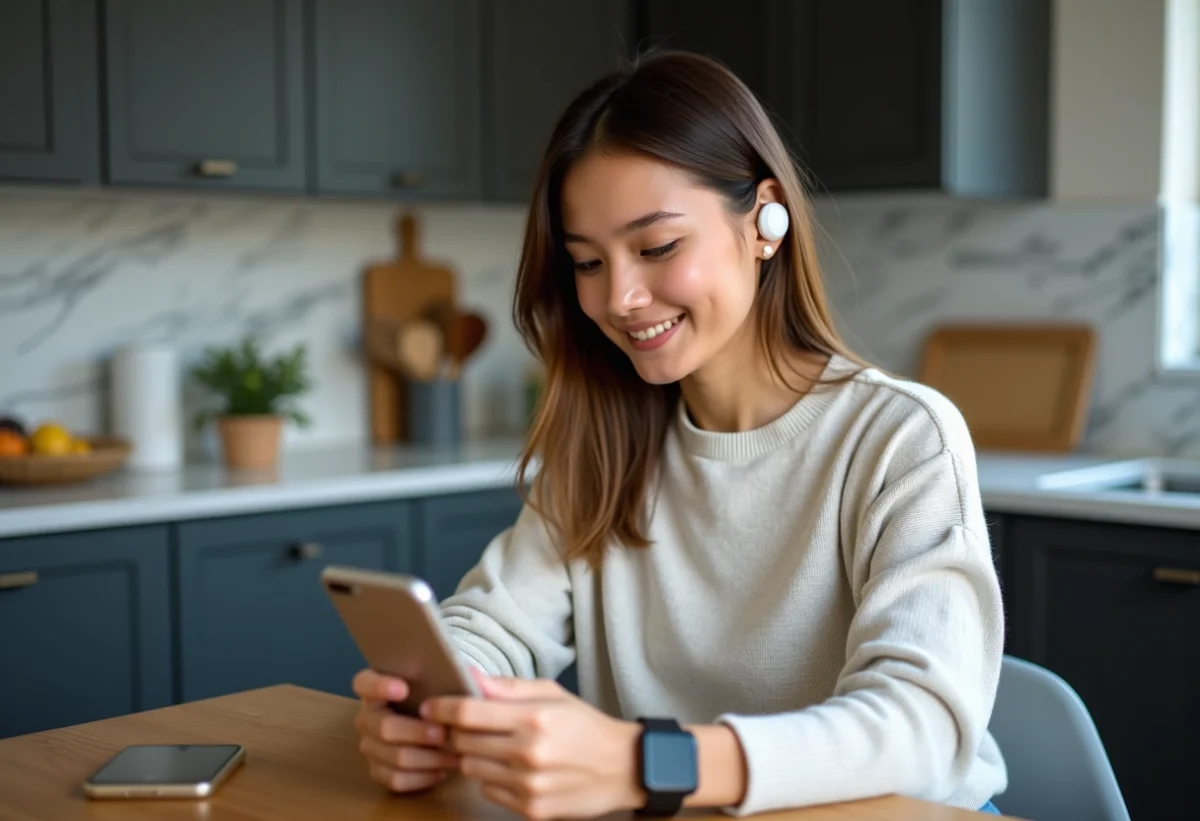 Jeune femme souriante utilisant ses appareils connectes à la maison