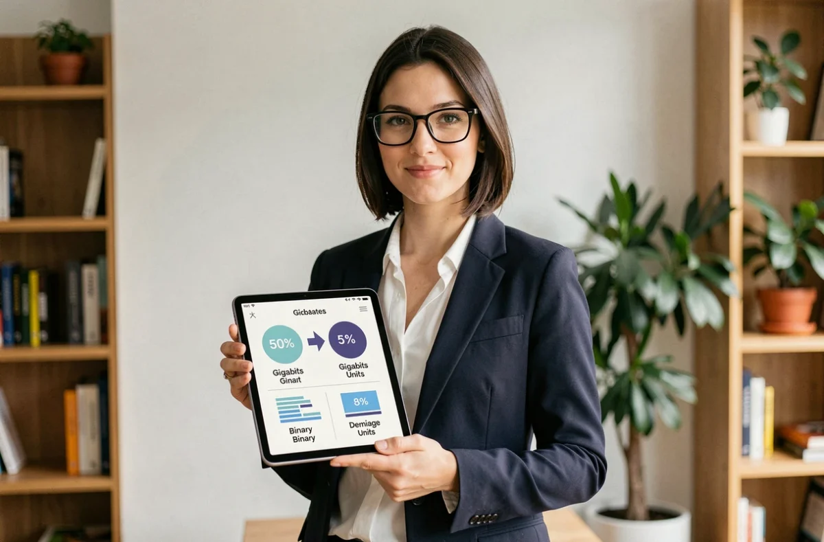 Femme tenant une tablette avec un comparatif visuel des unités Go, GB, Gb et Gbit en espace de coworking
