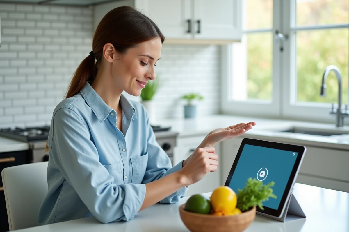 Femme consultant une tablette avec une erreur de chargement vidéo sur Moovbob dans une cuisine moderne