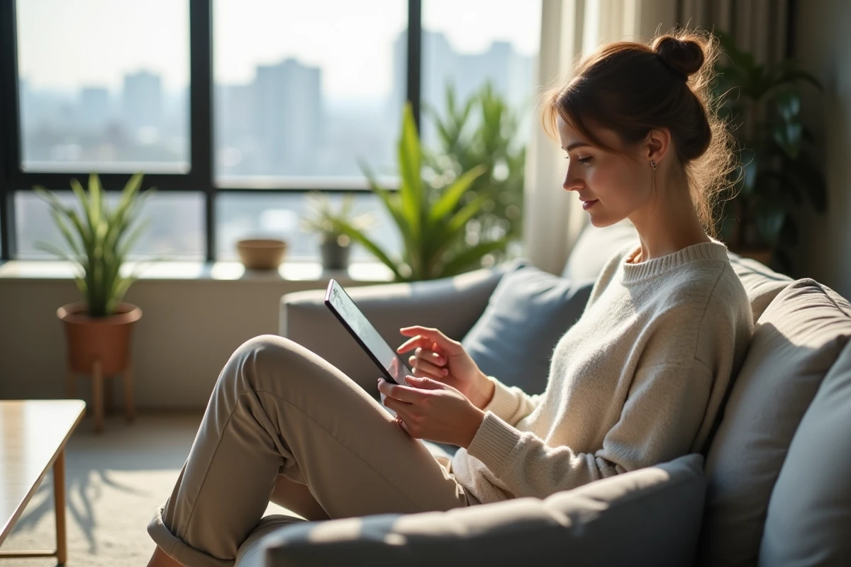 Femme souriante utilisant une tablette dans un salon lumineux