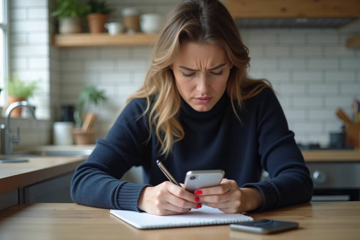 Femme concentrée prenant des notes avec son smartphone
