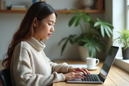 Jeune femme en bureau moderne utilisant un ordinateur portable
