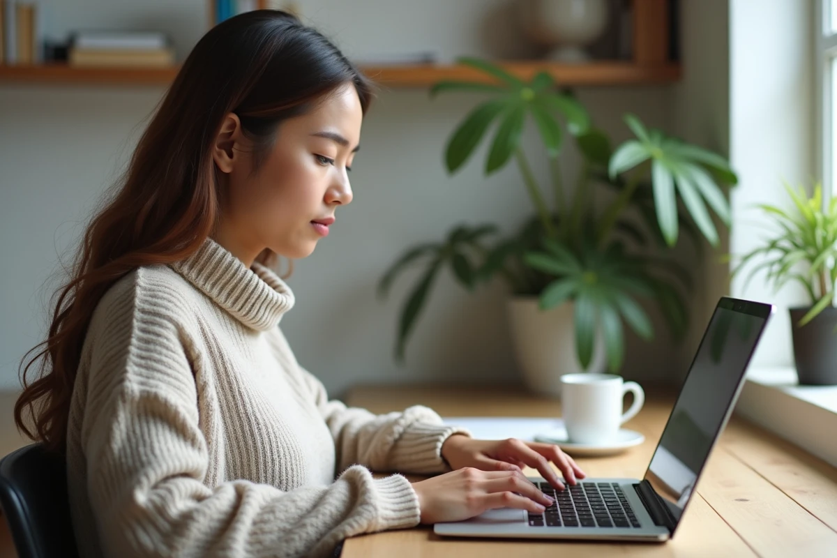 Jeune femme en bureau moderne utilisant un ordinateur portable