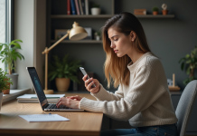 Jeune femme utilisant son smartphone et son ordinateur dans un bureau organisé