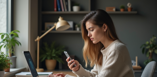 Jeune femme utilisant son smartphone et son ordinateur dans un bureau organisé
