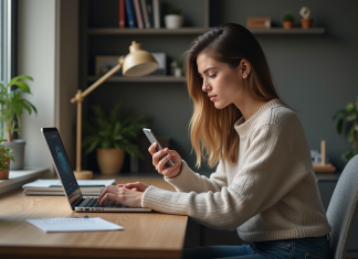 Jeune femme utilisant son smartphone et son ordinateur dans un bureau organisé