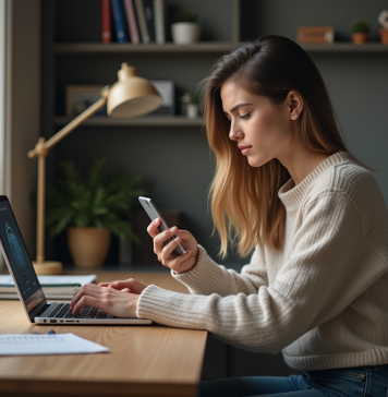 Jeune femme utilisant son smartphone et son ordinateur dans un bureau organisé