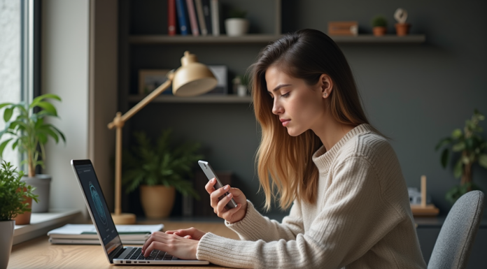 Jeune femme utilisant son smartphone et son ordinateur dans un bureau organisé