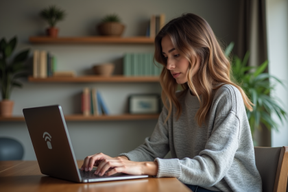 Femme concentrée travaillant sur son ordinateur à la maison