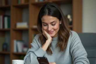 Femme utilisant WhatsApp sur smartphone pour mettre du texte en italique dans ses messages