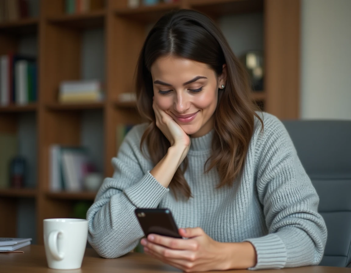 Femme utilisant WhatsApp sur smartphone pour mettre du texte en italique dans ses messages