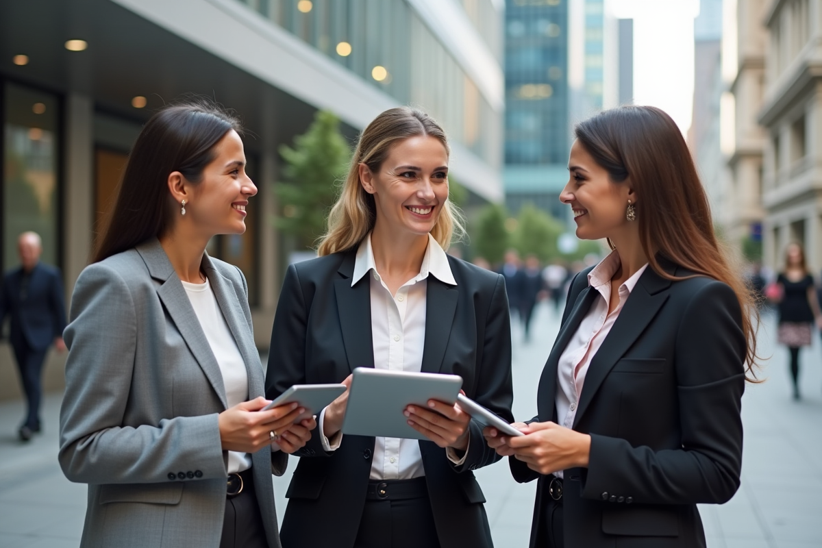 Groupe de femmes souriantes avec tablettes devant un bâtiment urbain