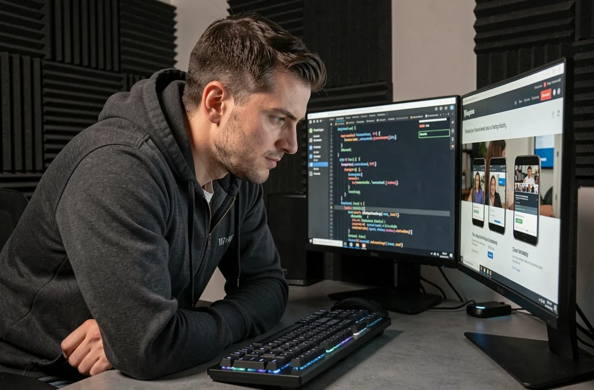 Développeur de Flashkode concentré sur du code WordPress dans son espace de travail sombre avec deux moniteurs