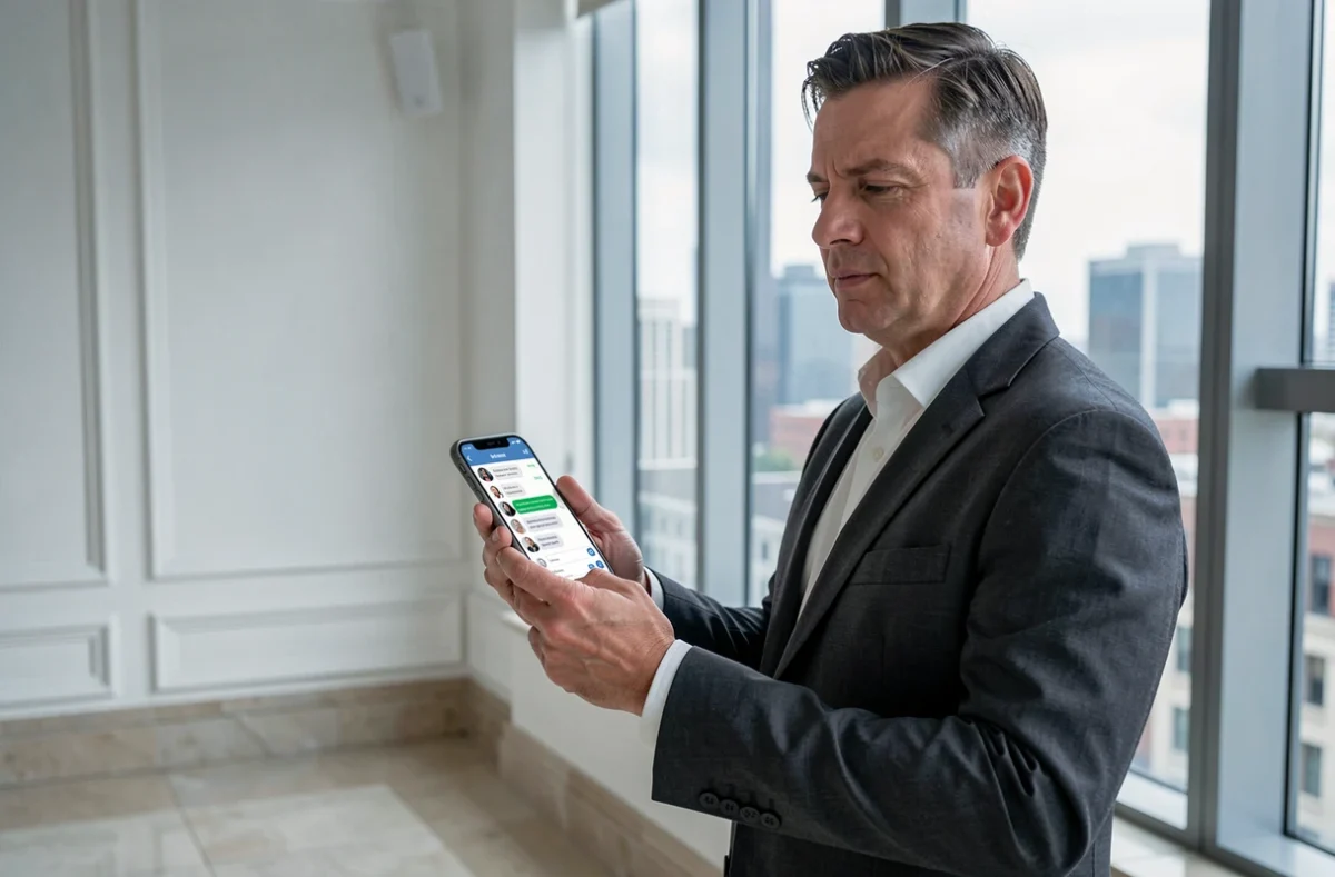 Fonctionnaire utilisant Tchap sur smartphone pour des échanges professionnels sécurisés dans un bâtiment institutionnel